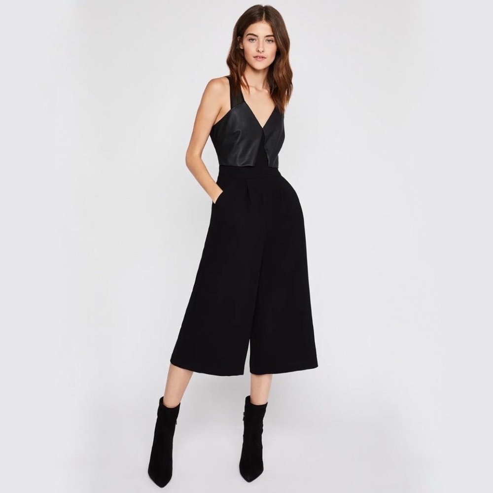 BCBGeneration Black Cropped Faux-Leather-Contrast Bodice Overlay Jumpsuit